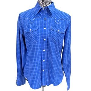 Women’s Cruel Girl Blue Country Western Plaid Snap Button-Up Shirt M